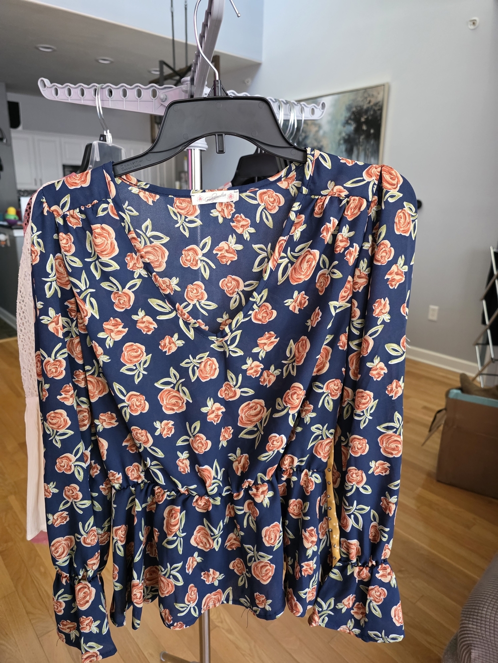 Teal Floral Peplum Blouse with Orange Roses